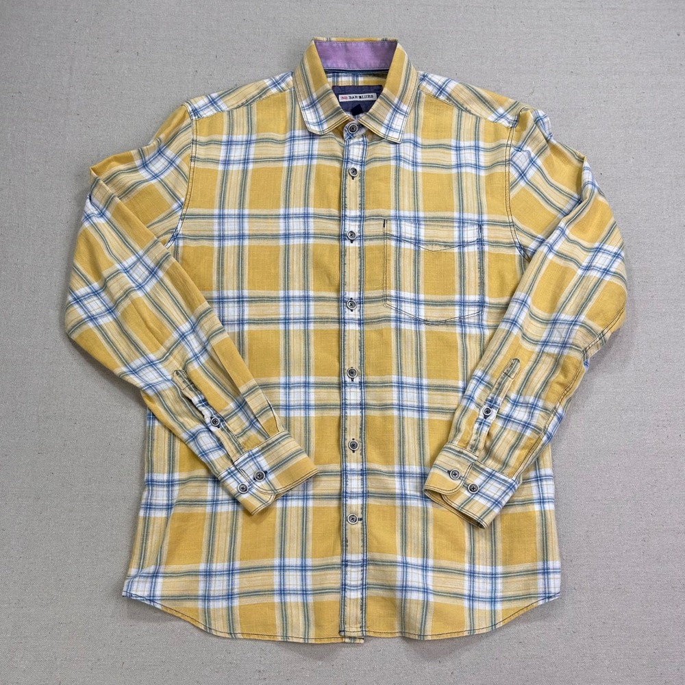 32 Bar Blues Mens Yellow Blue Plaid Cotton Button Down Shirt Small Turkey Made